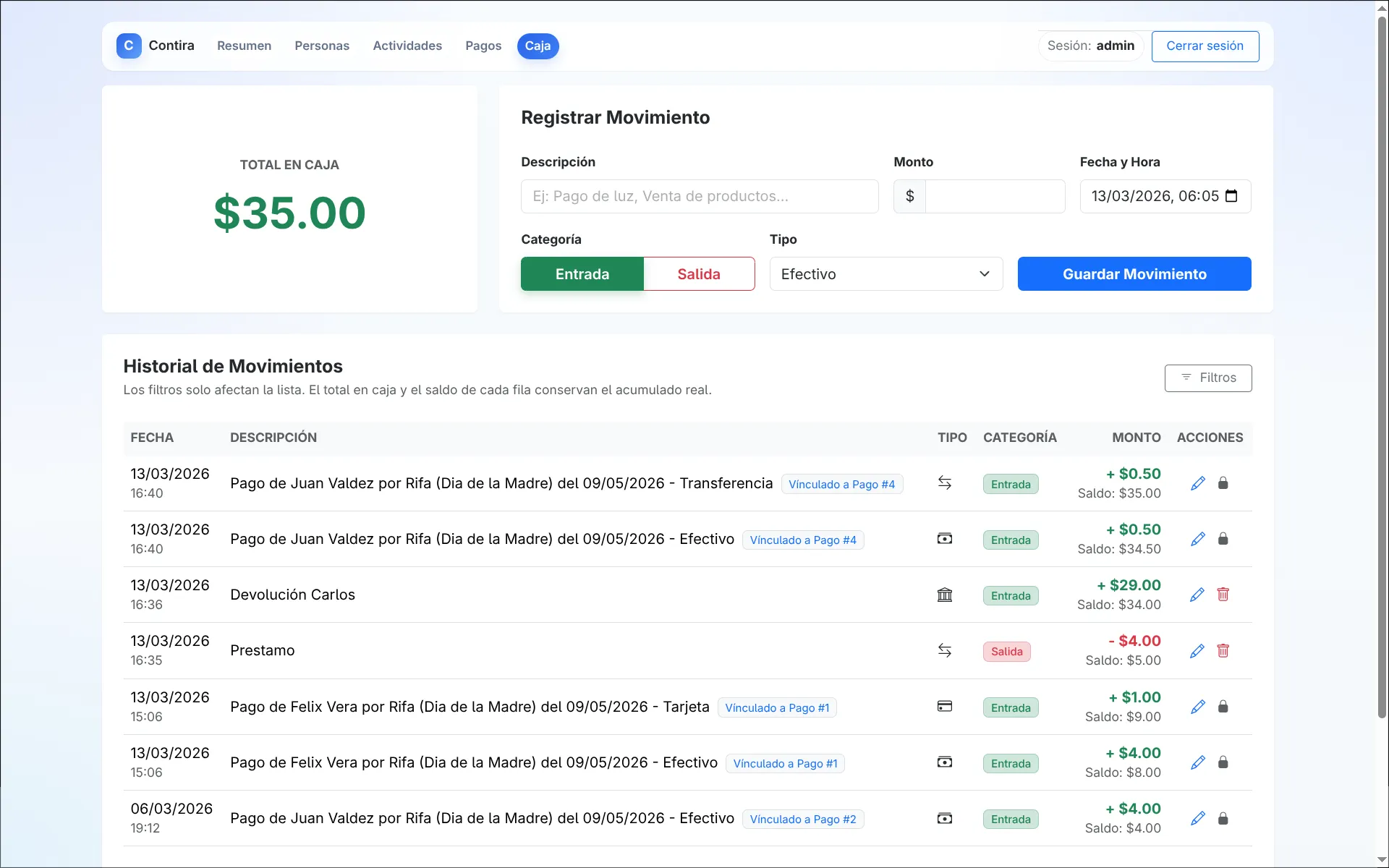 Registro de movimientos financieros en Contira
